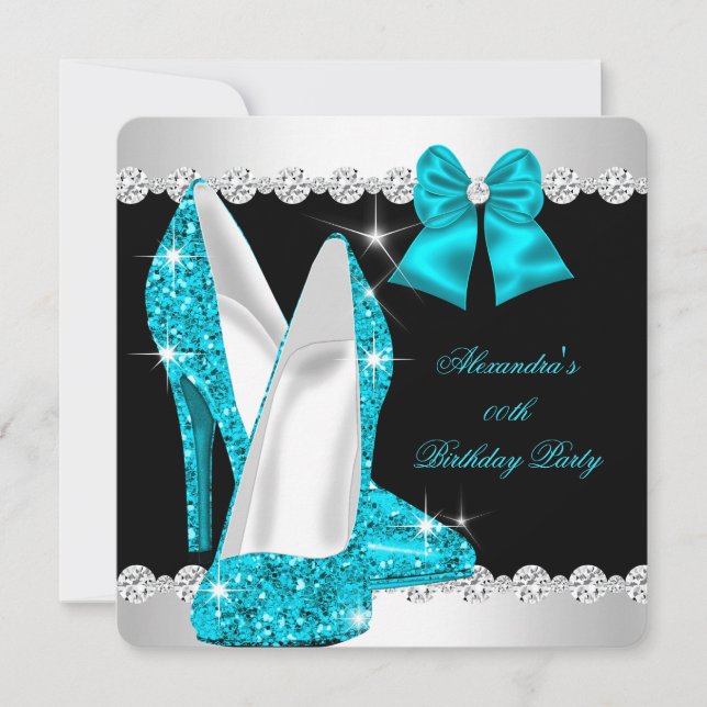 Elegant Glitter Teal Blue High Heels Birthday Invitation (Front)