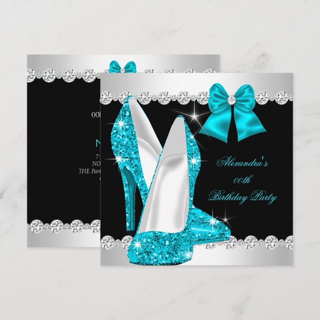 Elegant Glitter Teal Blue High Heels Birthday Invitation (Front/Back)