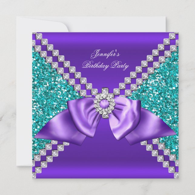 Elegant Glitter Teal Blue Purple Diamond Birthday Invitation (Front)
