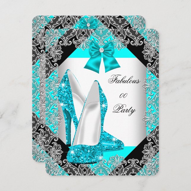 Elegant Glitter Teal Blue Stiletto Birthday Party Invitation (Front/Back)