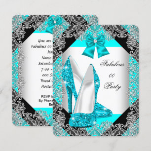 Elegant Glitter Teal Blue Stiletto Birthday Party Invitation