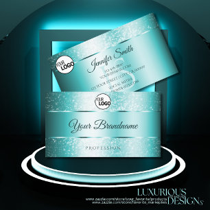 Elegant Glitter Teal Gradient Initials and Logo Business Card