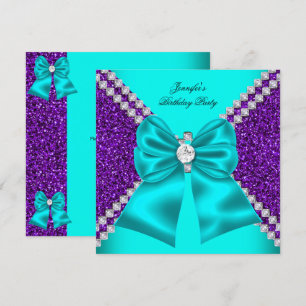 Elegant Glitter Teal Purple Diamonds Birthday Invitation