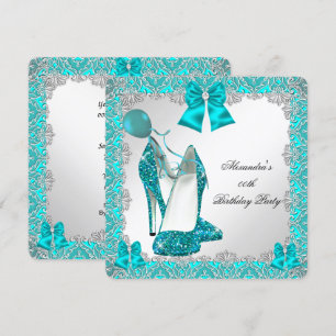 Elegant Glitter Teal Stiletto Birthday Party Invitation