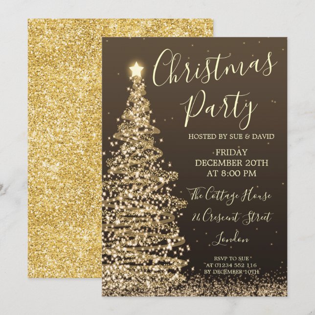 Elegant Glitter Tree Gold Christmas Party  Invitation (Front/Back)