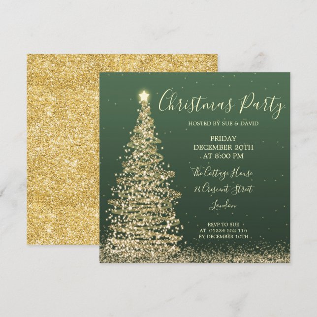 Elegant Glitter Tree Green Christmas Party Invitation (Front/Back)