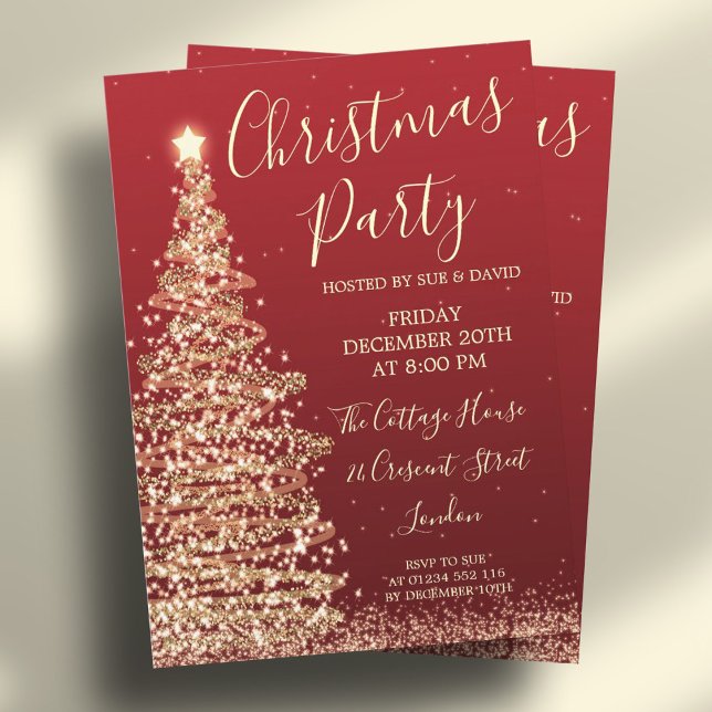 Elegant Glitter Tree Red Christmas Party Invitation (Elegant Glitter Tree Red Christmas Party Invitation)