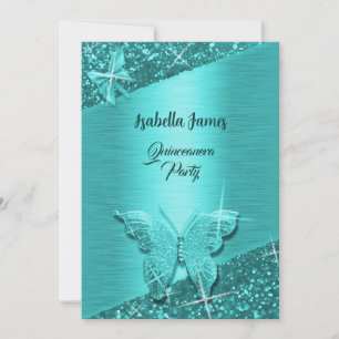elegant glitter turquoise foil sparkle Butterfly Invitation