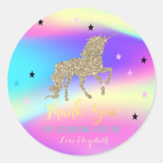 Elegant Glitter Unicorn,Stars,OmbrHolographic Classic Round Sticker (Front)