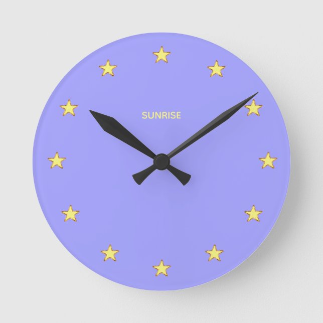 Elegant Glittering Stars on Sky Blue Round Clock (Front)