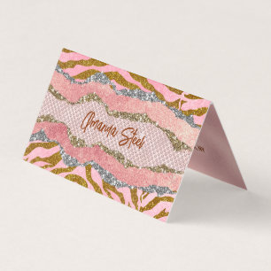 Elegant glittery blush rose animal print monogram business card