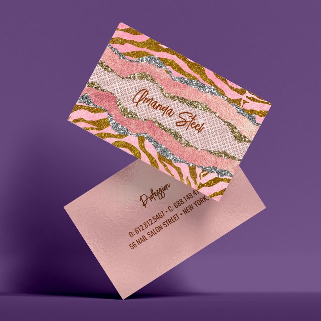 Elegant glittery blush rose animal print monogram business card (Creator Uploaded)
