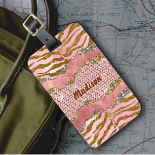 Elegant glittery blush rose animal print monogram  luggage tag