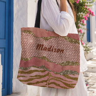 Elegant glittery blush rose animal print monogram tote bag