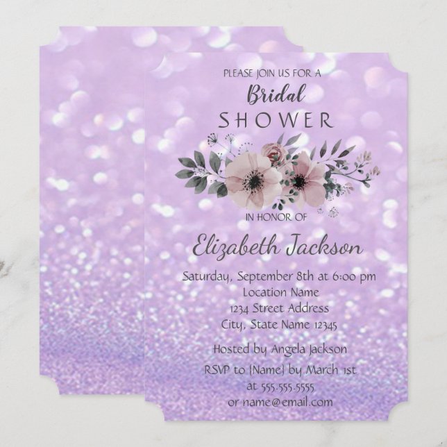 Elegant Glittery Bokeh Floral Bridal Shower Invitation (Front/Back)