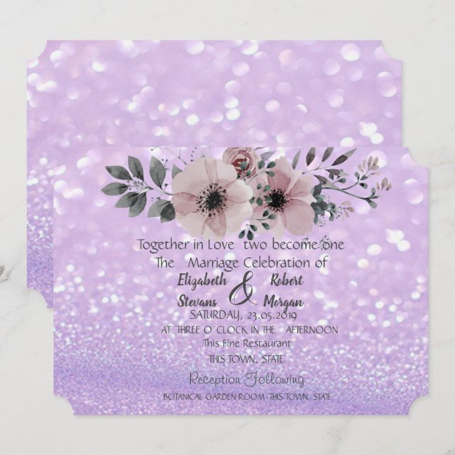 Elegant Glittery Bokeh Floral Wedding Invitation (Front/Back)