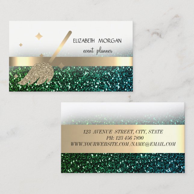 Elegant Glittery Bokeh ,Gold Stripes Broom Business Card (Front/Back)