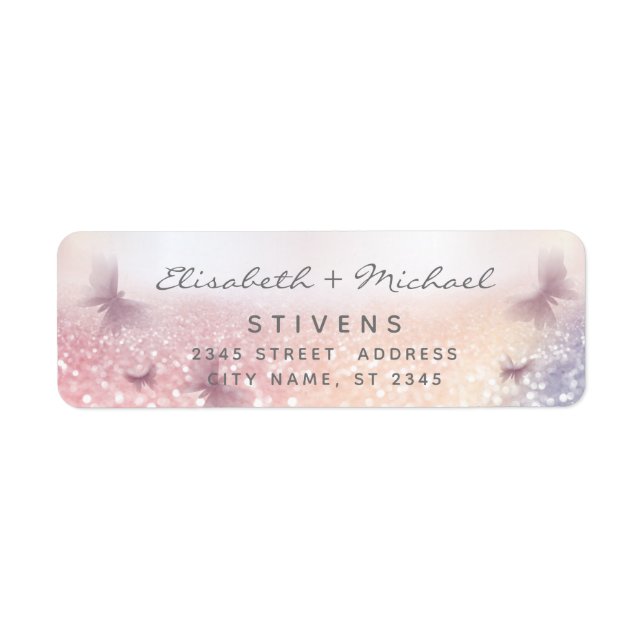 Elegant glittery butterfly script wedding label (Front)