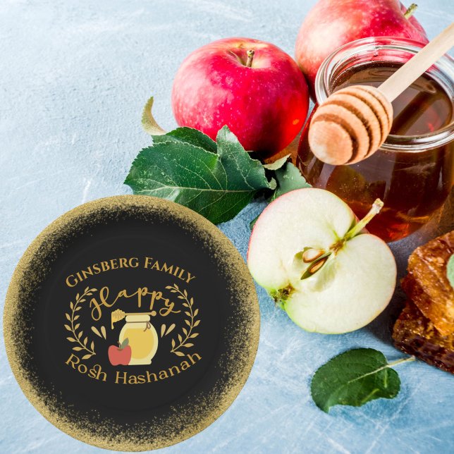 Elegant Glittery Gold Jewish Holiday Rosh Hashanah Paper Plate (Creator Uploaded)