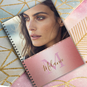 Elegant glittery pink metal glam monogram  notebook