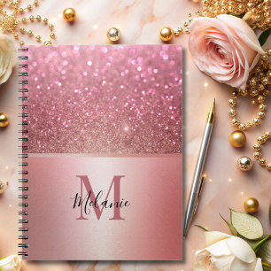 Elegant glittery pink metal glam monogram  notebook
