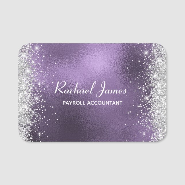 Elegant Glittery Purple Foil Name Tag (Front)