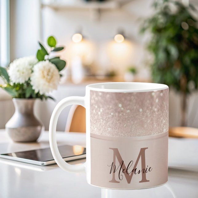 Elegant glittery rose gold metal glam monogram  coffee mug (Creator Uploaded)