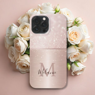Elegant glittery rose gold metal glam monogram  iPhone 13 pro max case