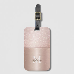 Elegant glittery rose gold metal glam monogram  luggage tag