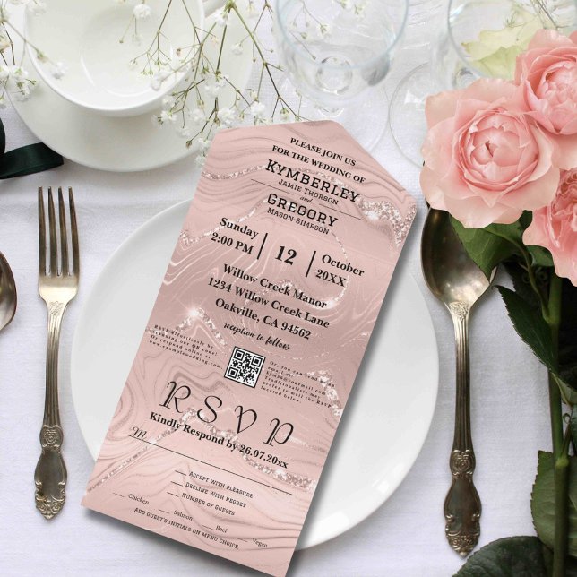 Elegant Glitzy Sparkly Silver Blush Pink QR Code All In One Invitation (Creator Uploaded)