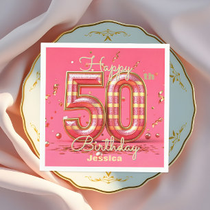 Elegant Glitzy Striped Pink & Gold 50th Birthday  Napkin