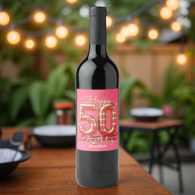 Elegant Glitzy Striped Pink & Gold 50th Birthday Wine Label (Creator Uploaded)