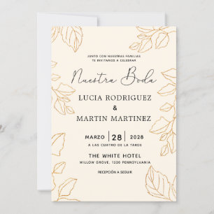 Elegant Glod Leaf Cream Spanish Nuestra Boda Invitation