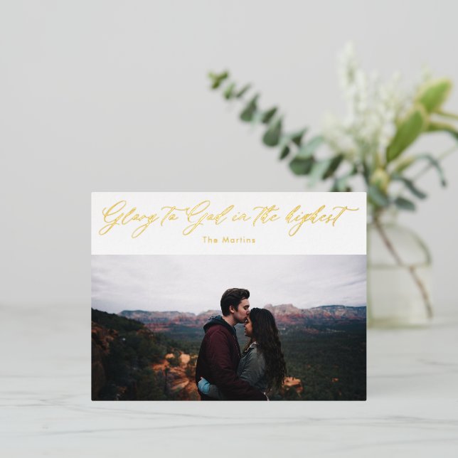Elegant Glory to God Calligraphy Christmas  Foil Holiday Postcard (Standing Front)
