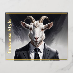 Elegant goat gentleman in formal portrait scene foil holiday postcard
