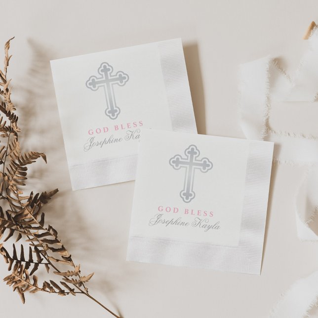 Elegant God Bless Silver Cross Baptism Pink Name Napkin (Creator Uploaded)