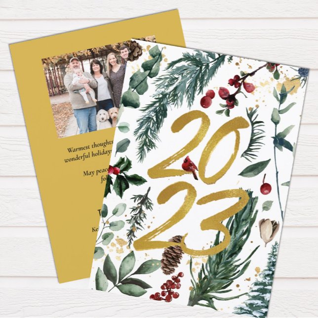 Elegant Gold 2023 Festive Pine Bough Floral Photo Holiday Card (Creator Uploaded)