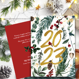 Elegant Gold 2023 Festive Pine Greenery Red Floral Holiday Card