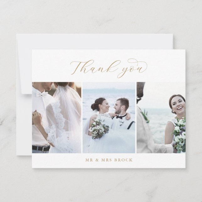 Elegant Gold 3 Photo Template Thank You Card (Front)