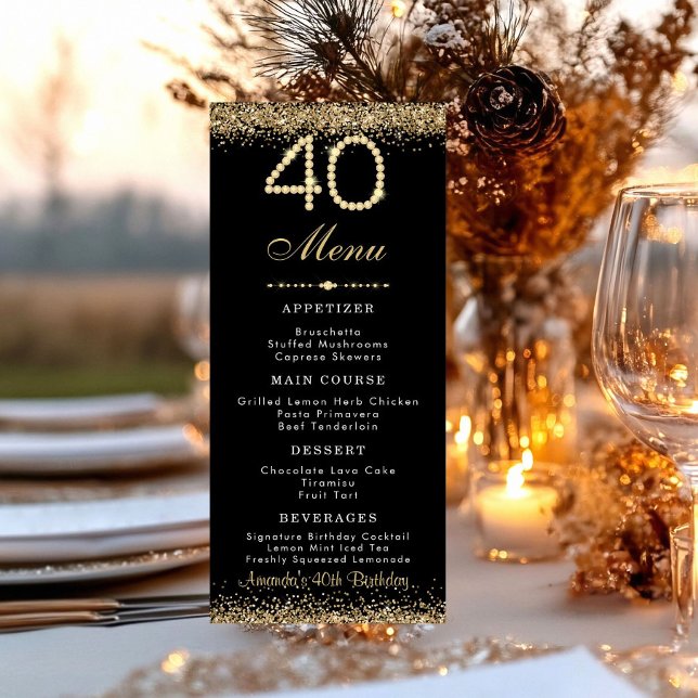 Elegant Gold 40th Birthday Dinner Flat Menu (Gold 40th birthday party dinne menu card)