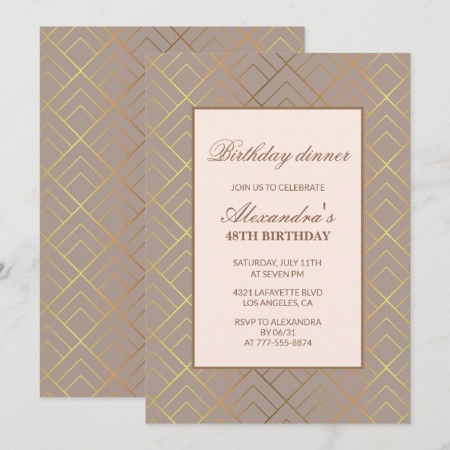 Elegant Gold 48th birthday invitations Dinner  (Front/Back)