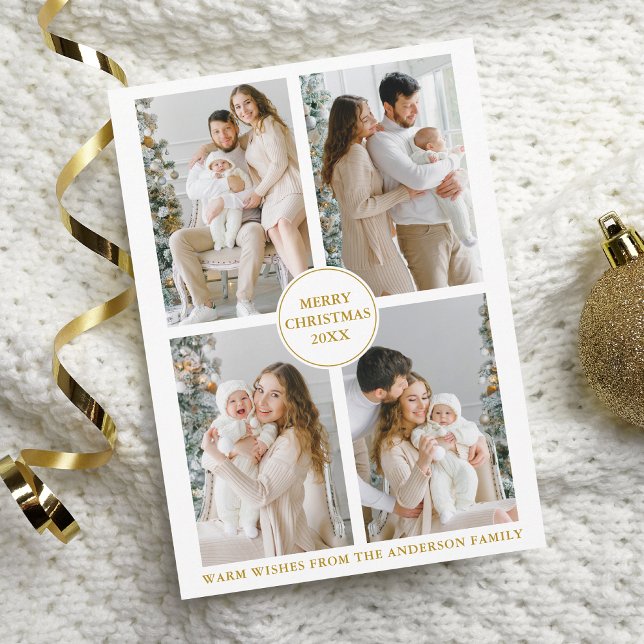 Elegant Gold 4 Photo Merry Christmas Photo Holiday Card (Creator Uploaded)