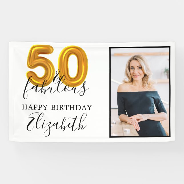 Elegant Gold 50 & Fabulous 50th Birthday Photo Banner (Horizontal)