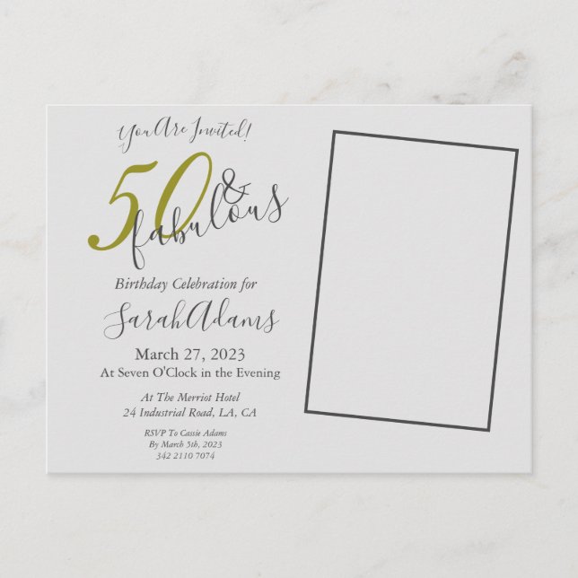 Elegant Gold 50 & Fabulous Birthday Party Invite Postcard (Front)