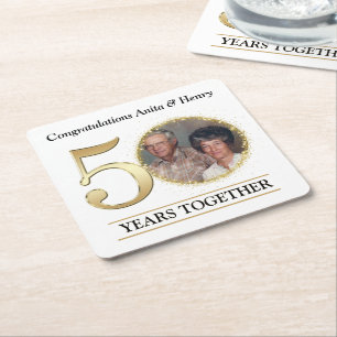 Elegant Gold 50th Anniversary Photo Square Paper Coaster