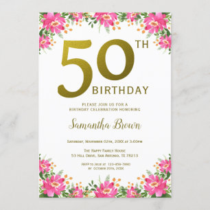Elegant Gold 50th Birthday Pink Floral Invitation