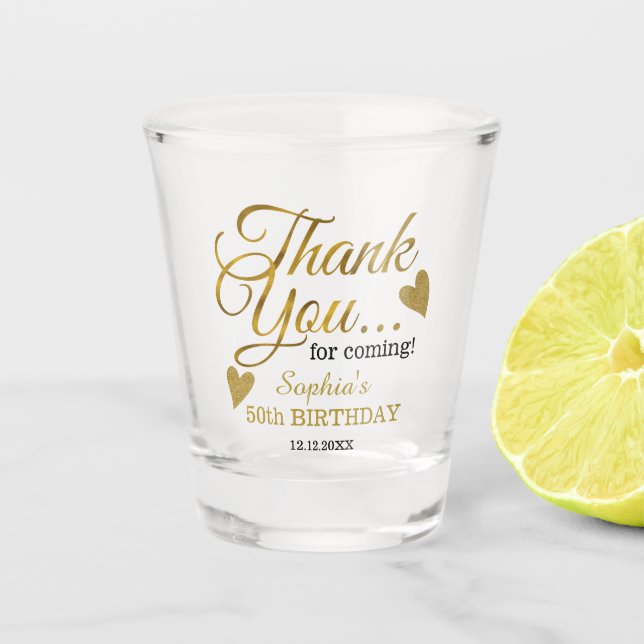 Elegant Gold 50th Birthday Thank You Party Favours Shot Glass (Front)