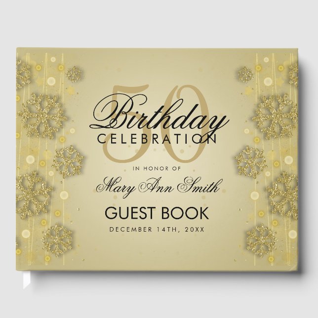 Elegant Gold 50th Birthday Winter Glitter Guest Book (Front)