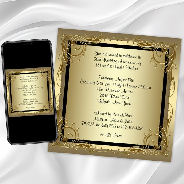 Elegant Gold 50th Wedding Anniversary Party Invitation (Elegant Gold 50th Wedding Anniversary Party Invitation with gold swirl border. Any event or occasion)