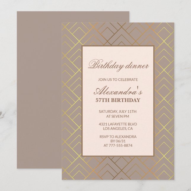 Elegant Gold 57th birthday Dinner invitations  (Front/Back)